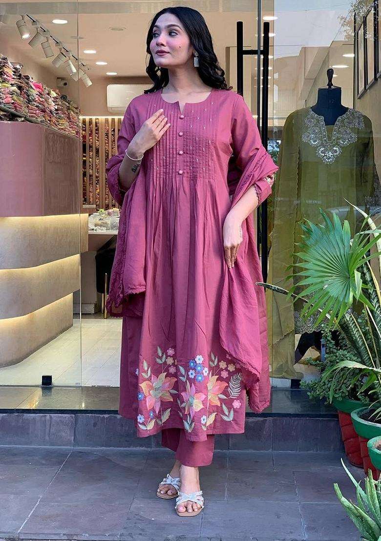 Lilac Embroidered Cotton Anarkali Set - Indya