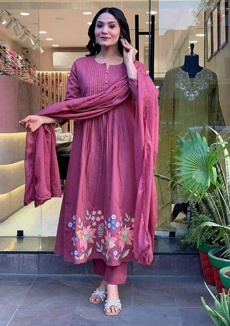 Lilac Embroidered Cotton Anarkali Set - Indya