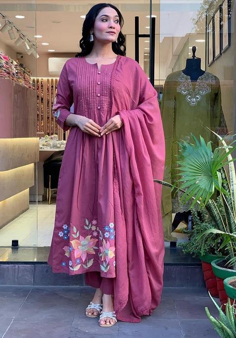 Lilac Embroidered Cotton Anarkali Set