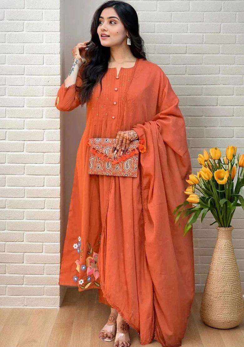 Rust Solid Cotton Sharara Set - Indya