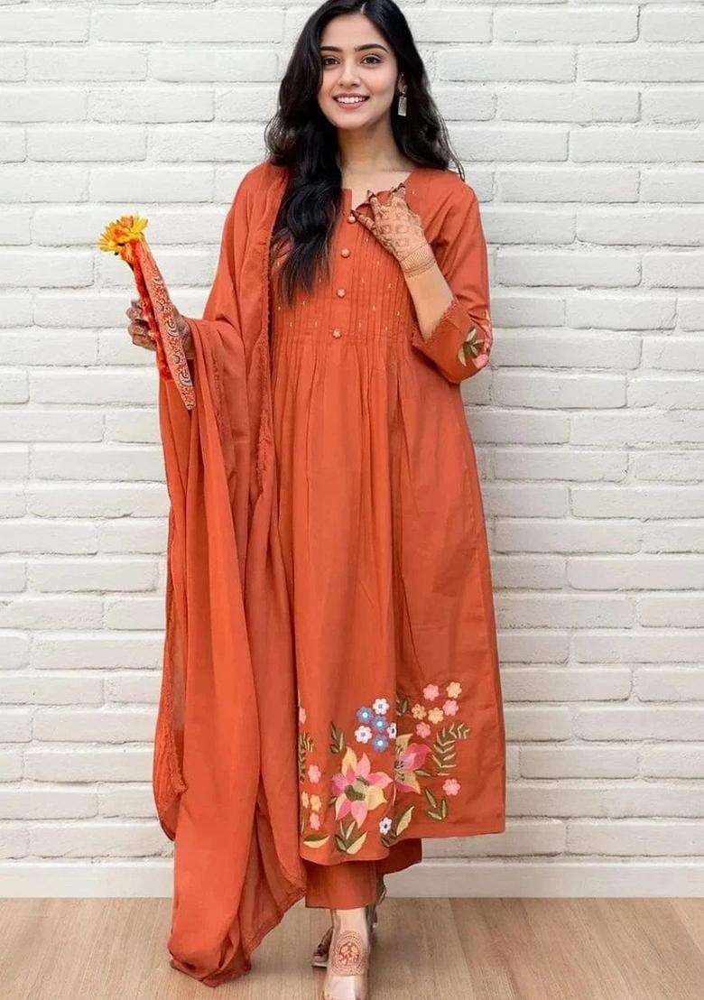 Rust Solid Cotton Sharara Set - Indya