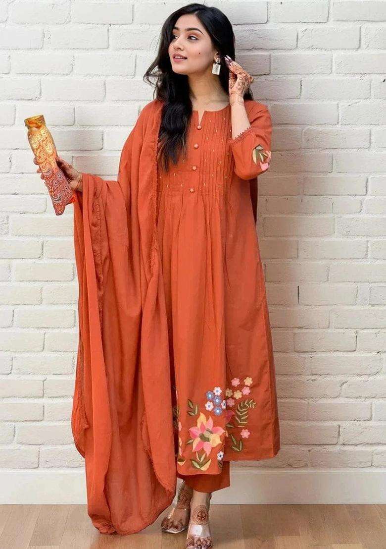 Rust Solid Cotton Sharara Set - Indya