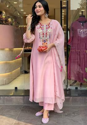 Pink Embroidered Chanderi Straight Kurta Set