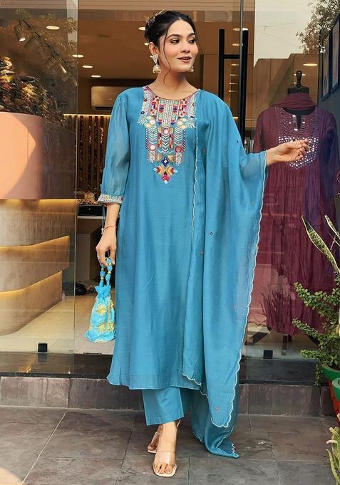 Blue Embroidered Chanderi Straight Kurta Set
