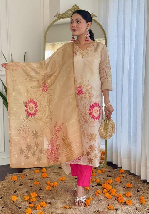 Beige Embroidered Chinon Straight Kurta Set