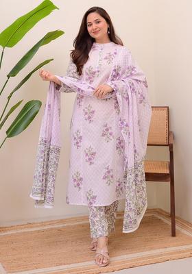 White Floral Print Cotton Straight Kurta Set
