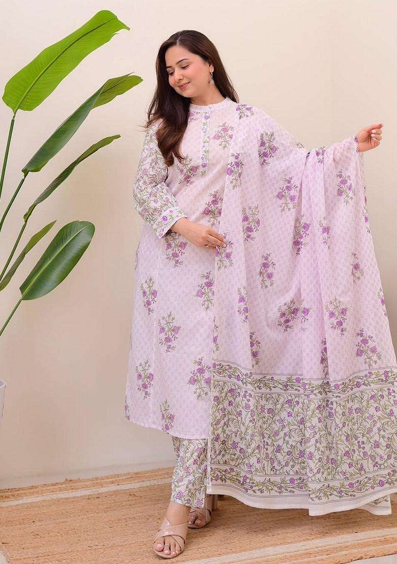 White Floral Print Cotton Straight Kurta Set - Indya