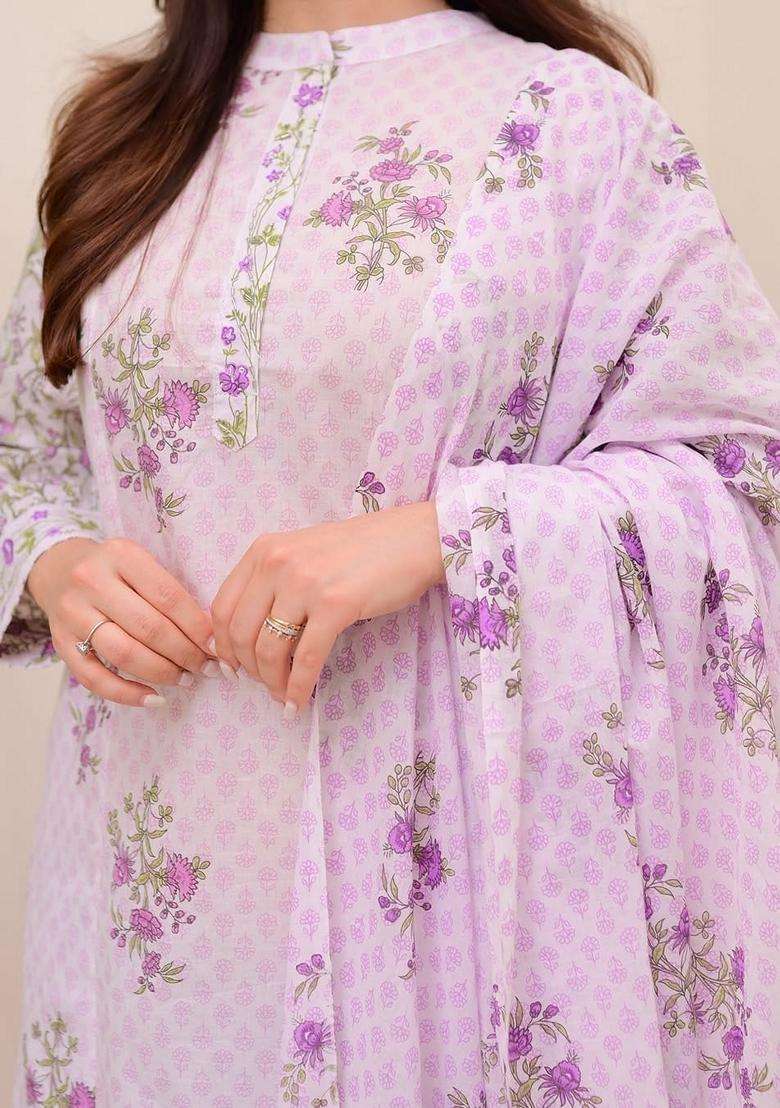 White Floral Print Cotton Straight Kurta Set - Indya