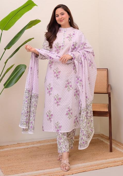 White Floral Print Cotton Straight Kurta Set