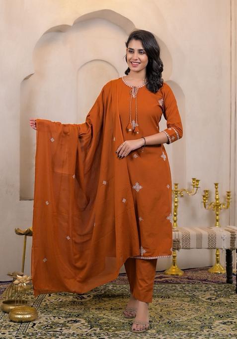 Orange Embroidered Cotton Straight Kurta Set