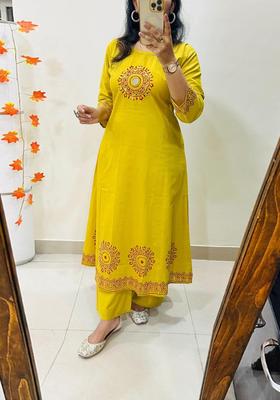 Yellow Embroidered Cotton Straight Kurta Set