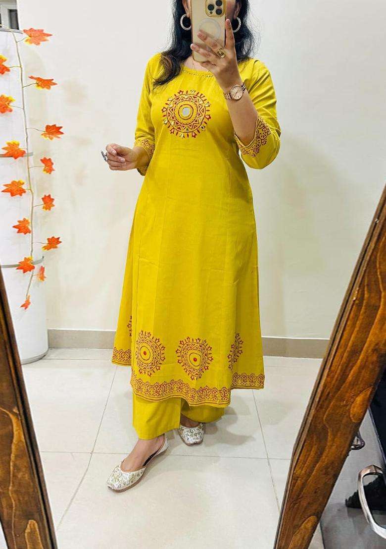 Yellow Embroidered Cotton Straight Kurta Set - Indya