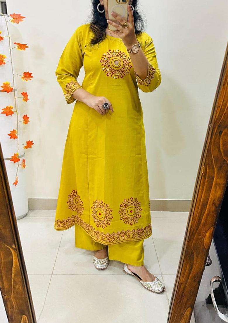 Yellow Embroidered Cotton Straight Kurta Set - Indya