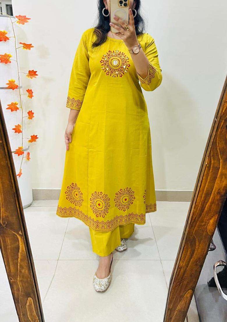 Yellow Embroidered Cotton Straight Kurta Set - Indya