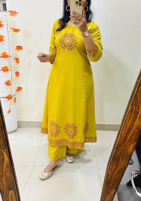 Yellow Embroidered Cotton Straight Kurta Set