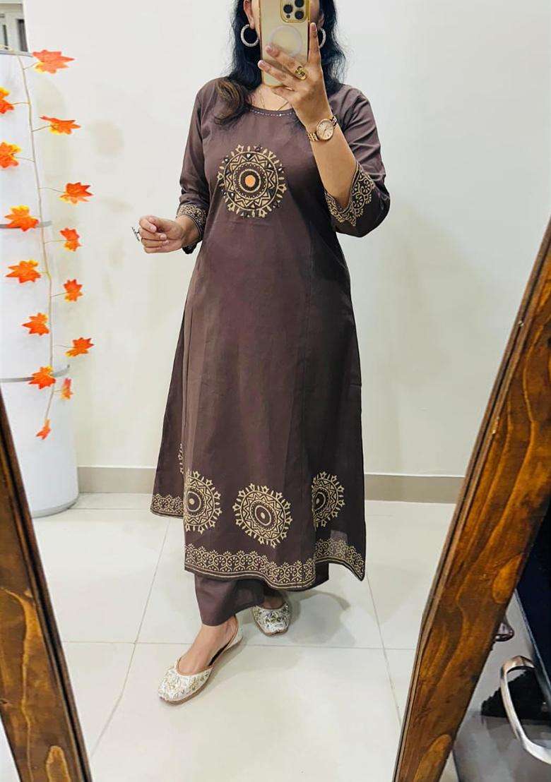Brown Embroidered Cotton Straight Kurta Set - Indya
