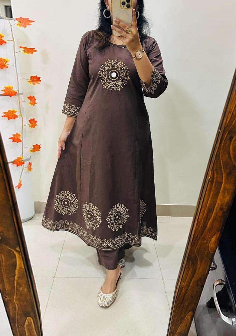 Brown Embroidered Cotton Straight Kurta Set - Indya