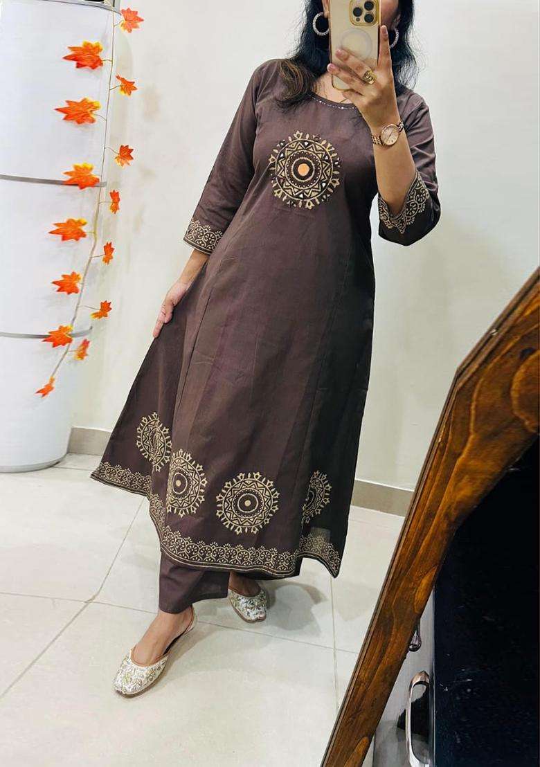 Brown Embroidered Cotton Straight Kurta Set - Indya