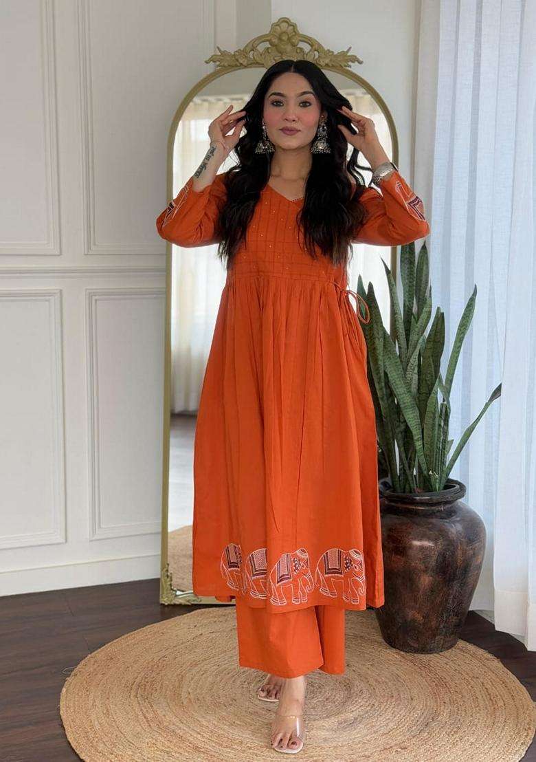 Orange Embroidered Cotton A Line Kurta Set - Indya
