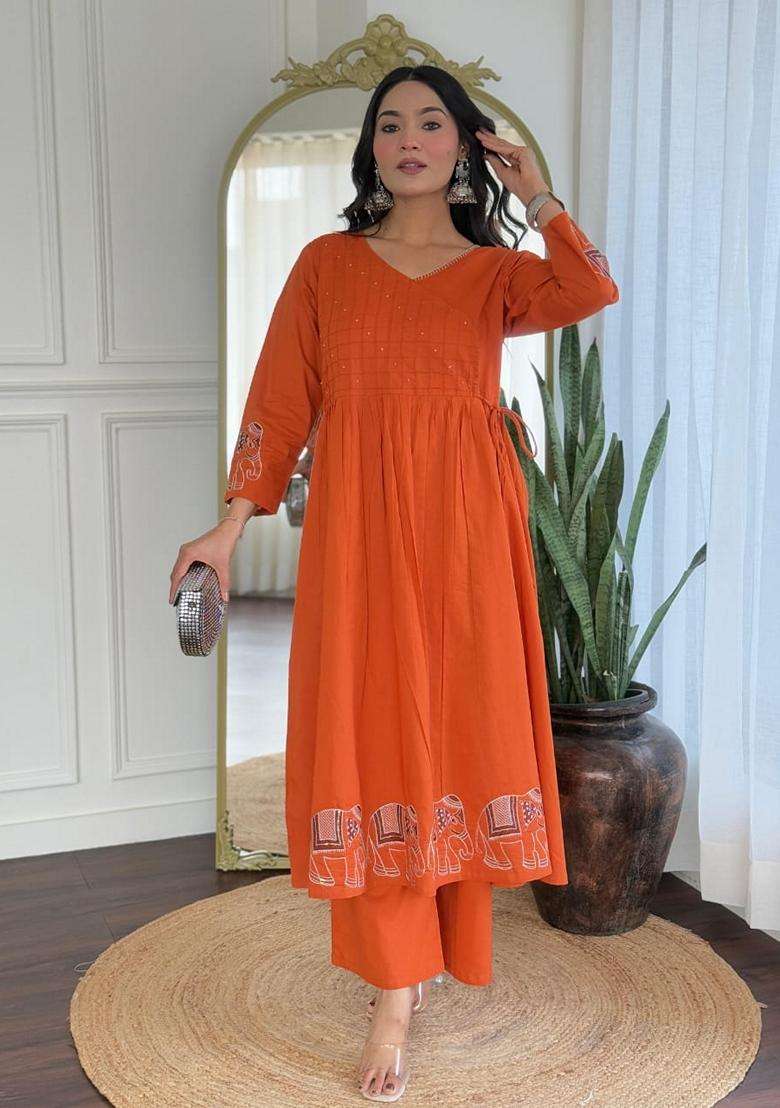 Orange Embroidered Cotton A Line Kurta Set - Indya