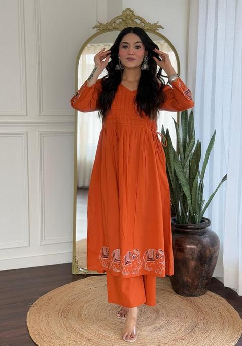 Orange Embroidered Cotton A Line Kurta Set