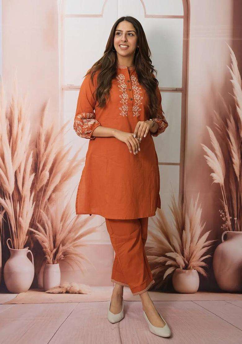 Rust Embroidered Cotton Straight Kurta Set - Indya