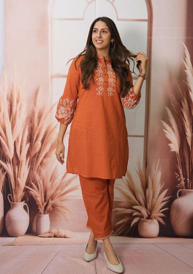 Rust Embroidered Cotton Straight Kurta Set - Indya