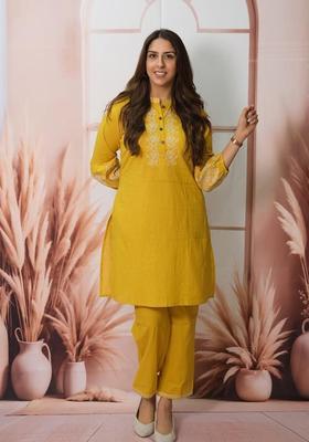 Yellow Embroidered Cotton Straight Kurta Set