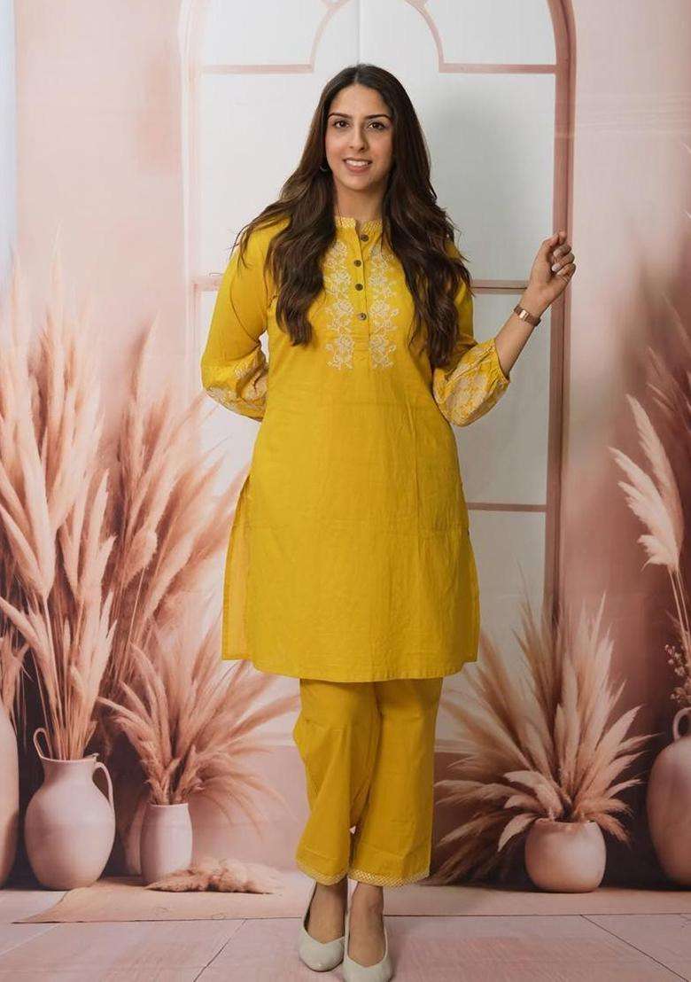 Yellow Embroidered Cotton Straight Kurta Set - Indya
