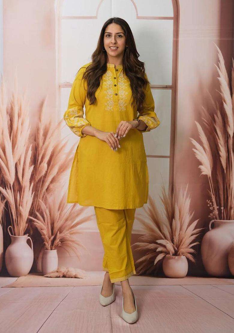 Yellow Embroidered Cotton Straight Kurta Set - Indya