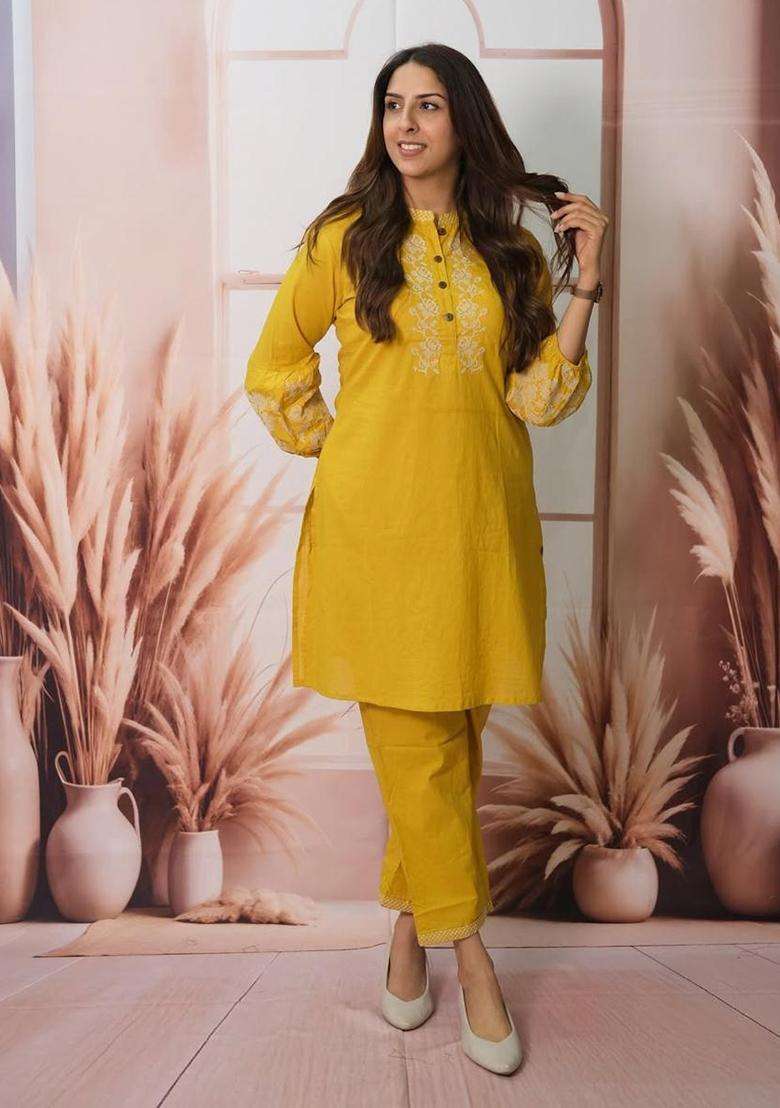 Yellow Embroidered Cotton Straight Kurta Set - Indya