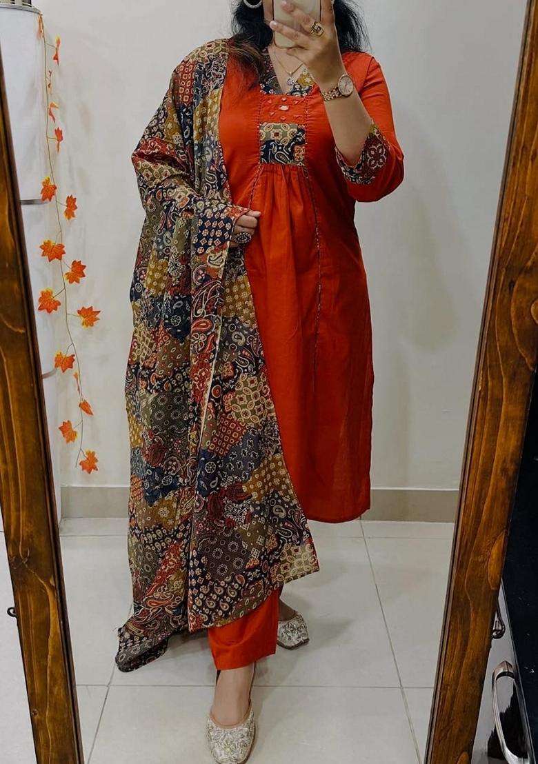 Rust Solid Cotton Straight Kurta Set - Indya