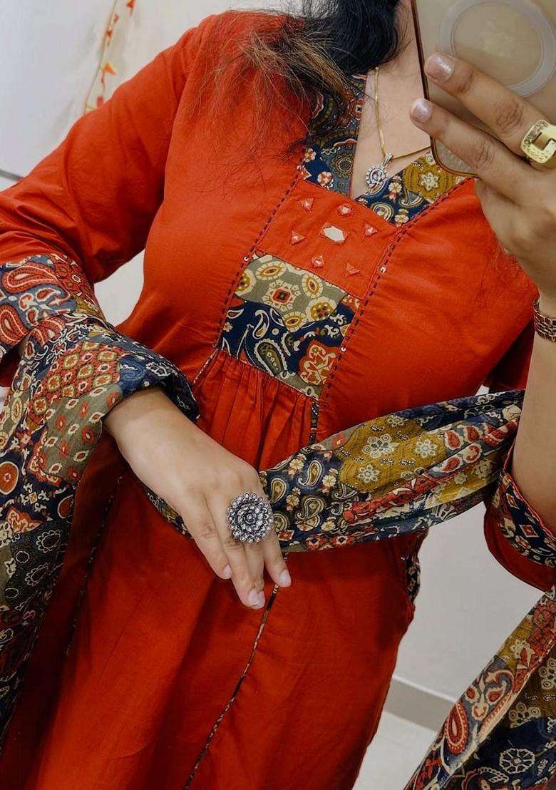 Rust Solid Cotton Straight Kurta Set - Indya