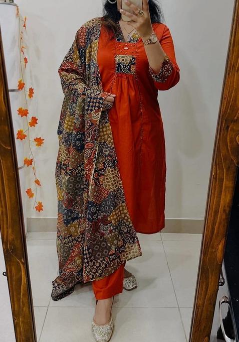 Rust Solid Cotton Straight Kurta Set