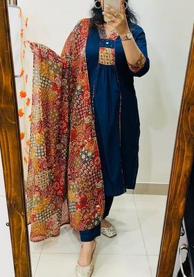 Blue Embroidered Cotton A Line Kurta Set