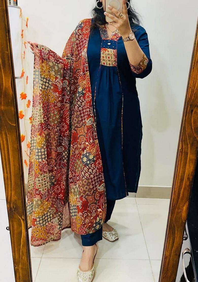 Blue Embroidered Cotton A Line Kurta Set - Indya