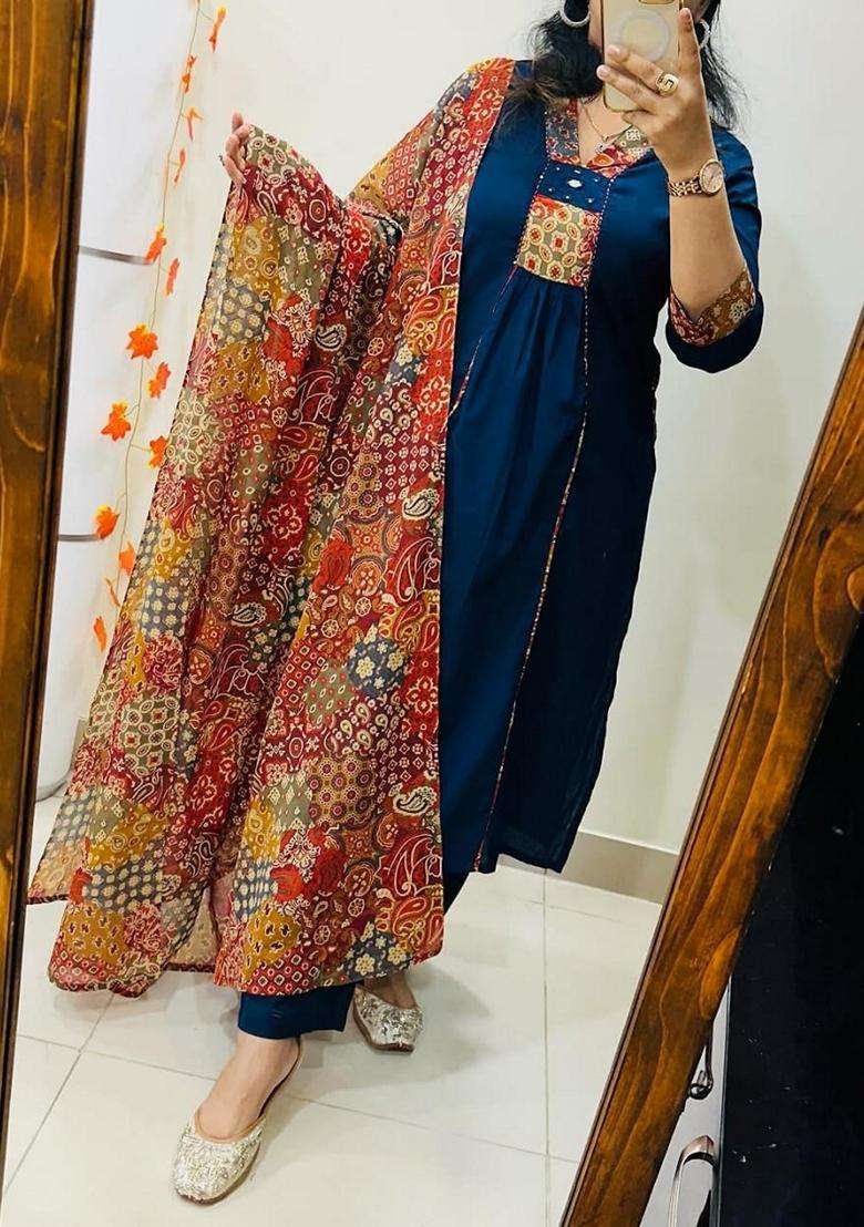 Blue Embroidered Cotton A Line Kurta Set - Indya