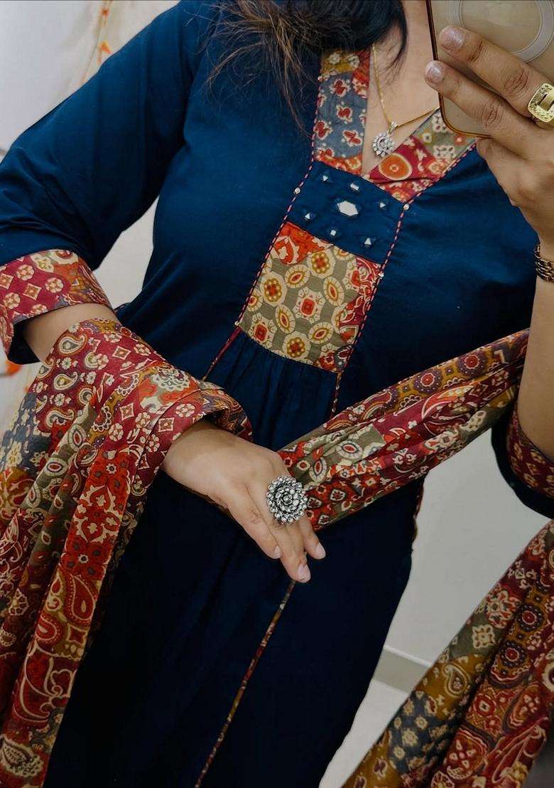 Blue Embroidered Cotton A Line Kurta Set - Indya