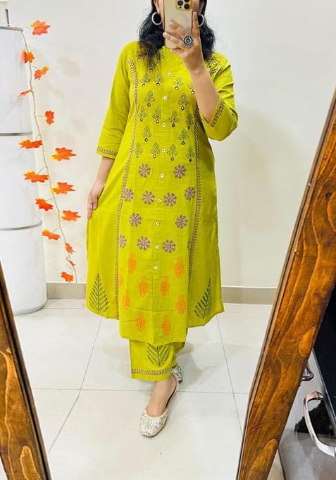 Green Embroidered Cotton Straight Kurta Set