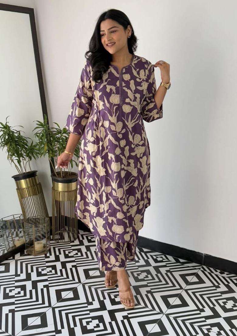 Purple Floral Print Cotton Straight Kurta Set - Indya