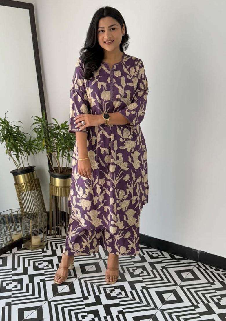 Purple Floral Print Cotton Straight Kurta Set - Indya