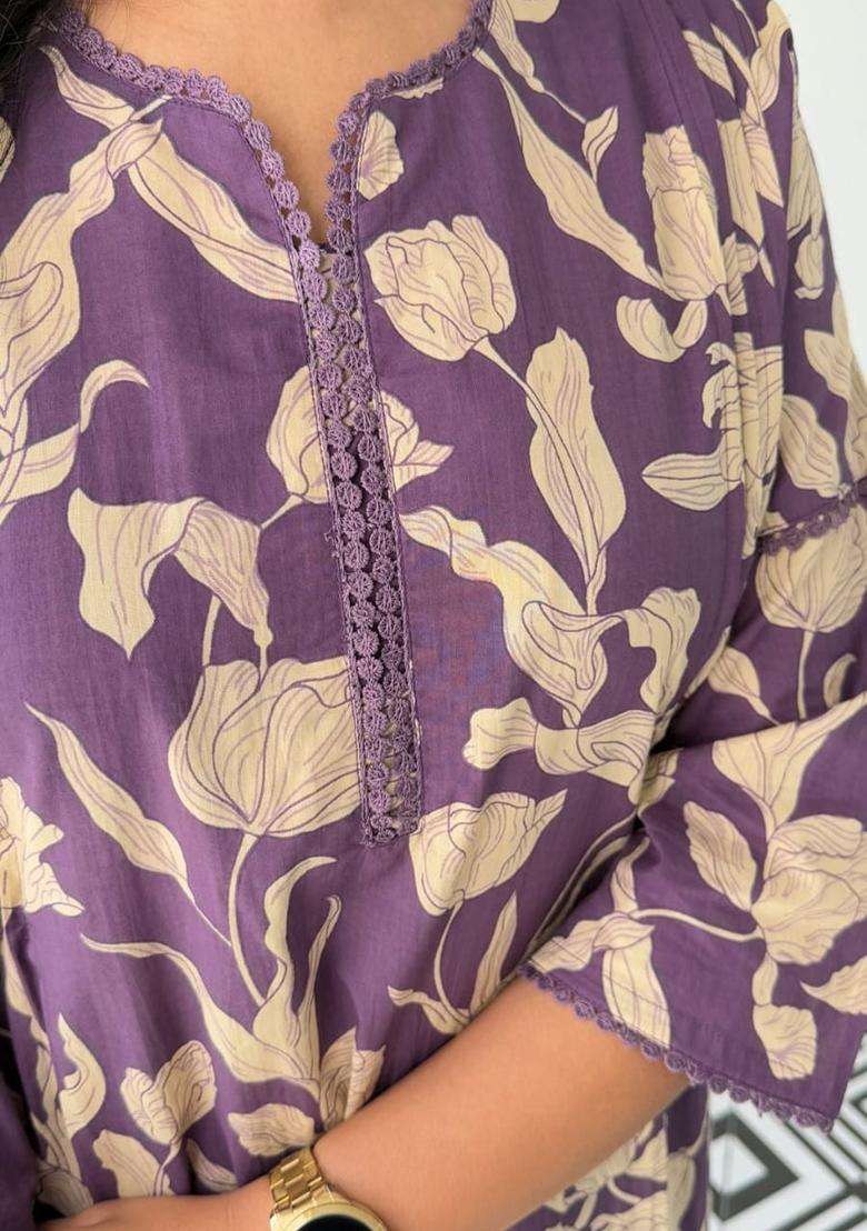Purple Floral Print Cotton Straight Kurta Set - Indya