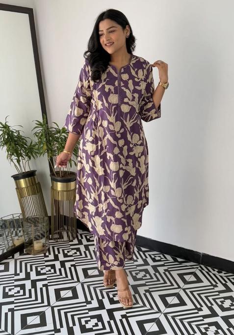 Purple Floral Print Cotton Straight Kurta Set