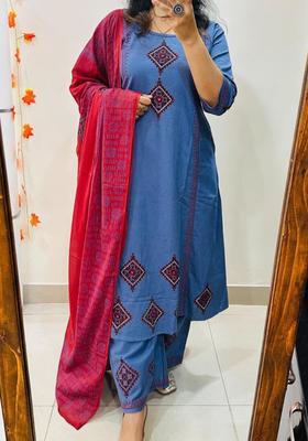 Blue Embroidered Cotton Straight Kurta Set