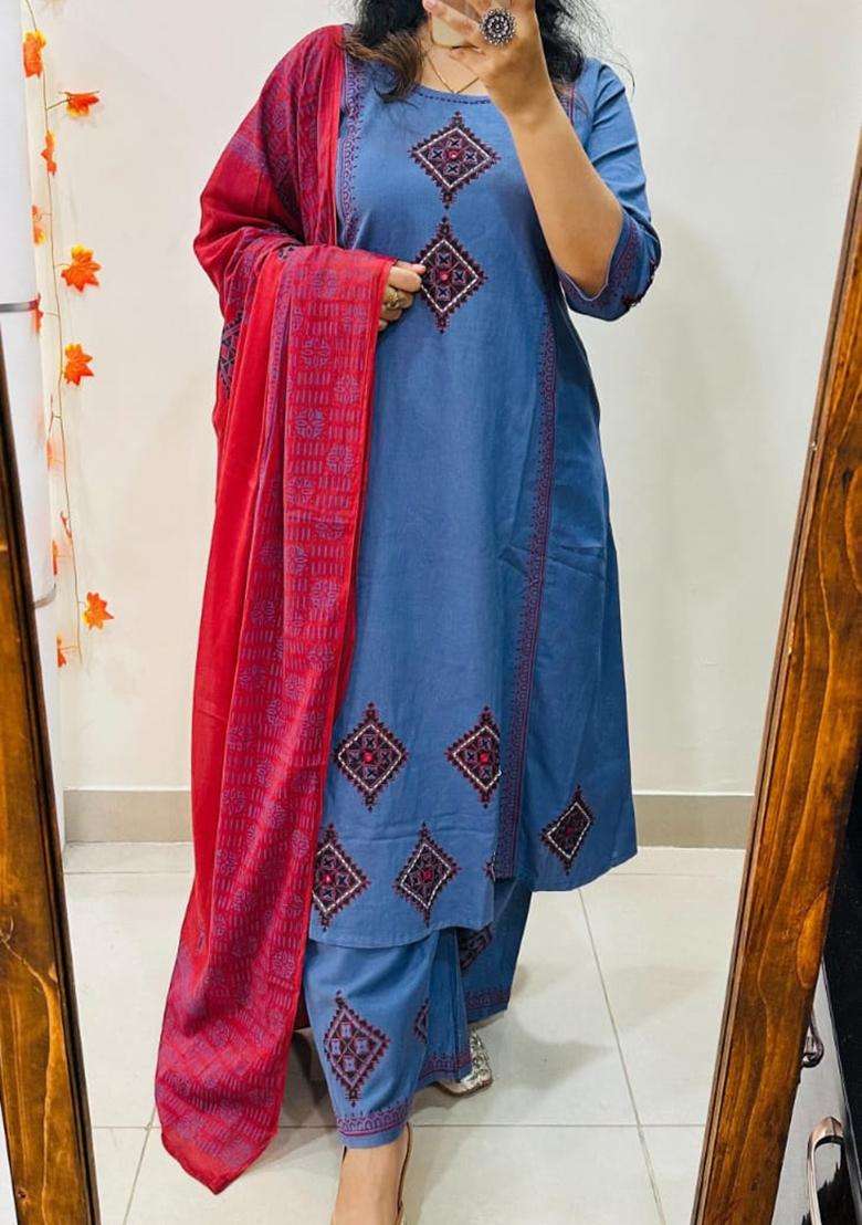 Blue Embroidered Cotton Straight Kurta Set - Indya
