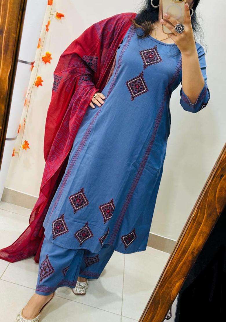 Blue Embroidered Cotton Straight Kurta Set - Indya