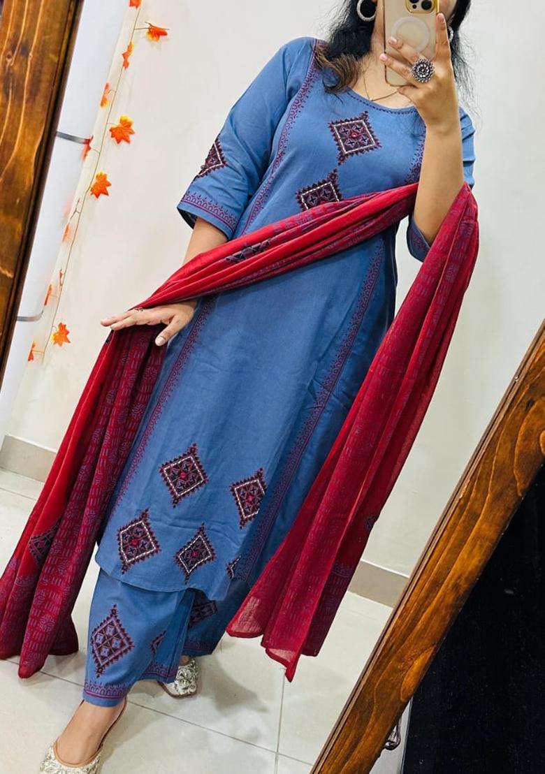 Blue Embroidered Cotton Straight Kurta Set - Indya