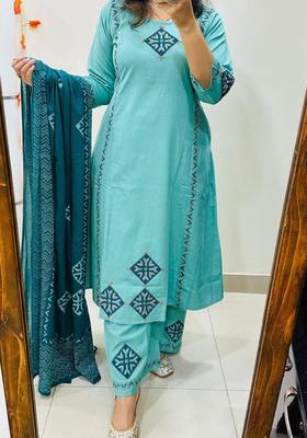 Blue Embroidered Cotton Straight Kurta Set