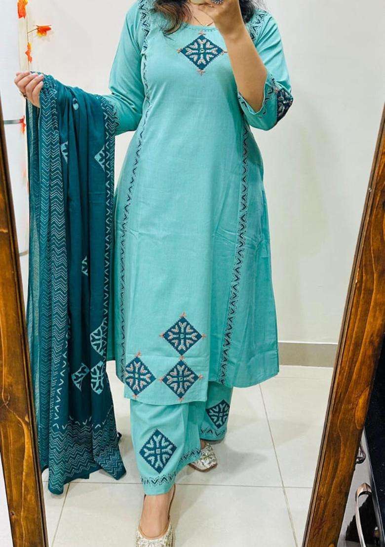 Blue Embroidered Cotton Straight Kurta Set - Indya