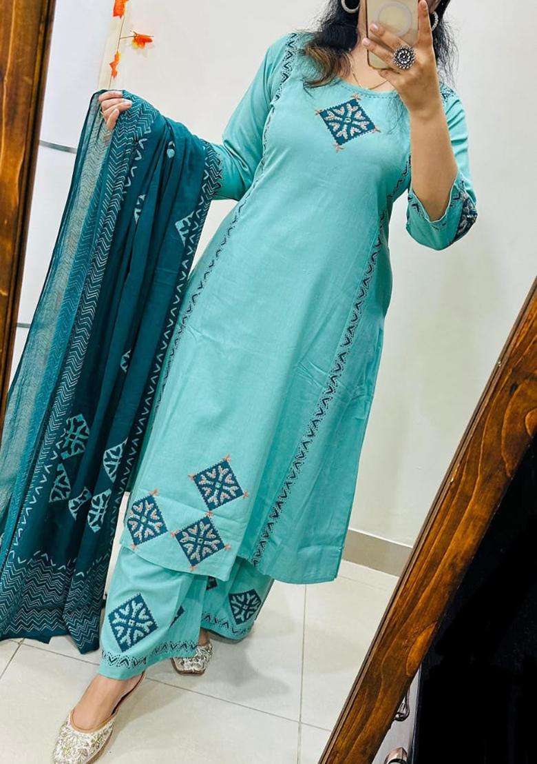 Blue Embroidered Cotton Straight Kurta Set - Indya
